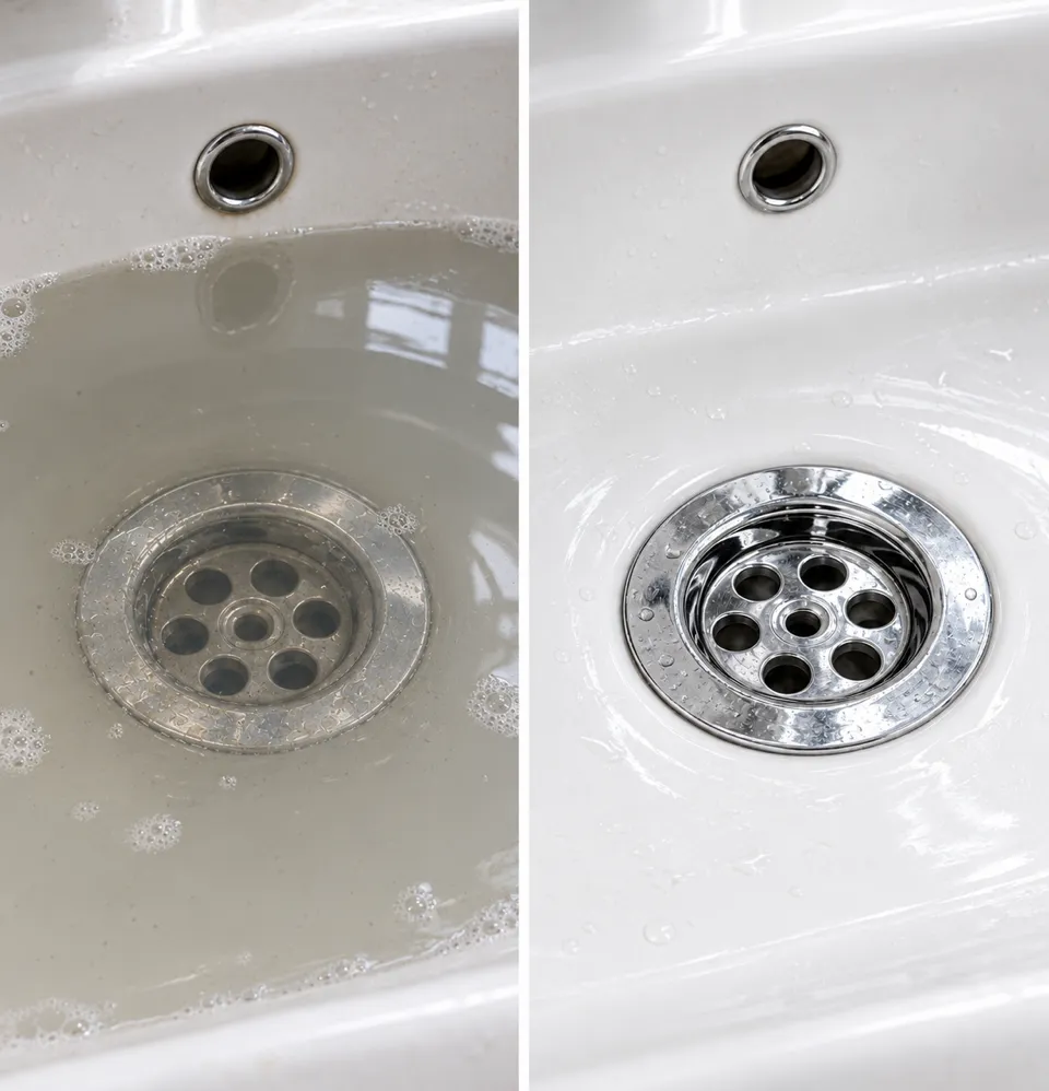 Waschbecken: links vorher mit stehendem, trübem Wasser, rechts nachher sauber, das Wasser läuft ab