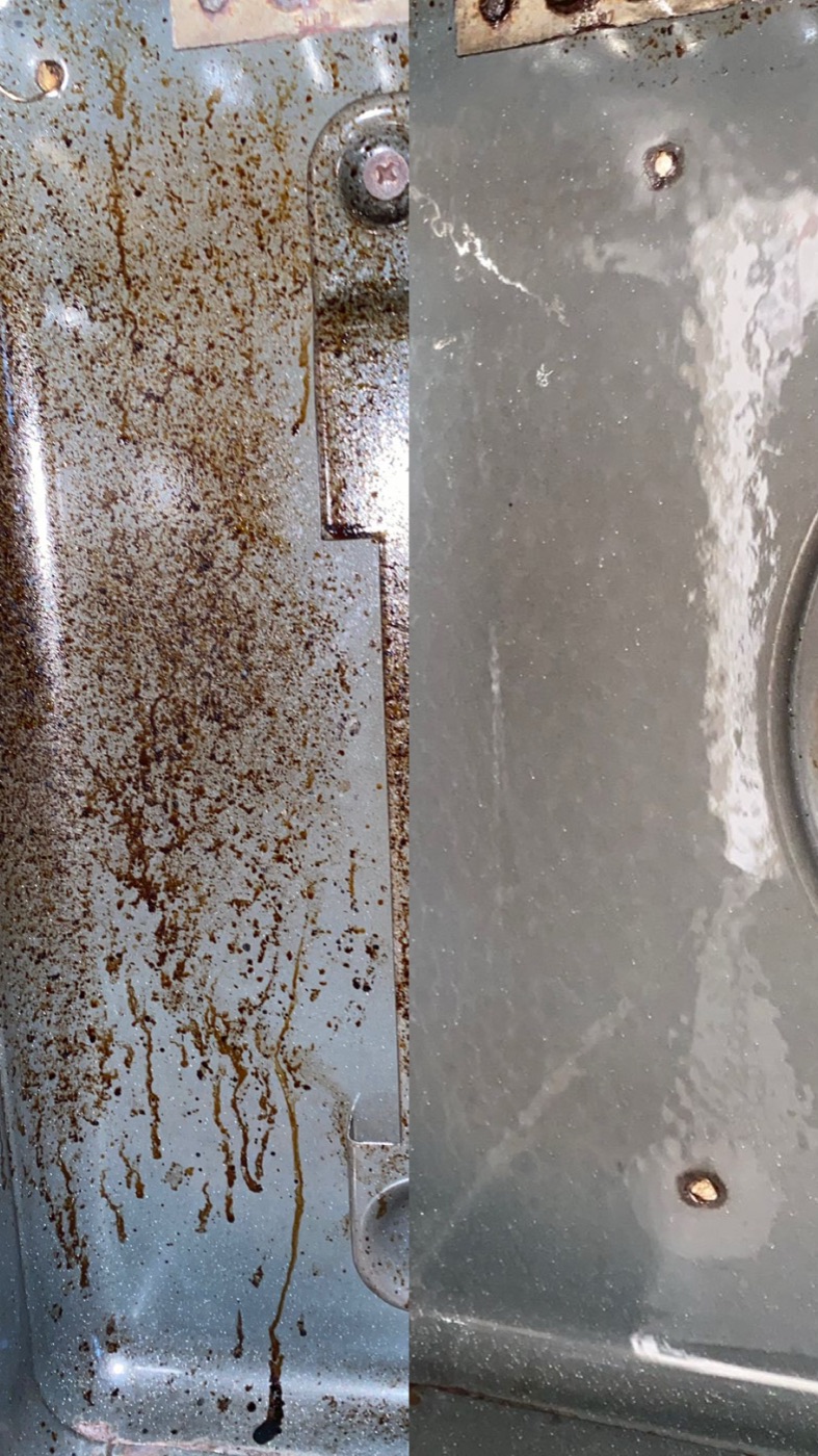 Backofen-Innenraum: links vorher mit eingebrannten Fett- und Bratenspritzern, rechts nachher sauber